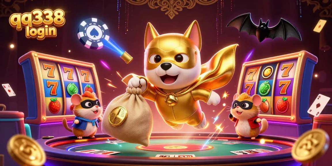 Engage with qq338 login in this vibrant casino scene featuring a superhero dog, gold coins, and colorful slot elements.
