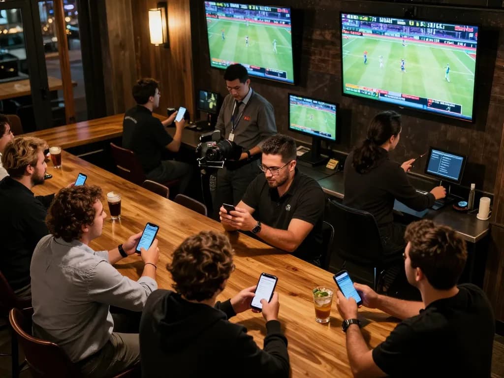 Fans engaging in sports betting action with jus77 mobile apps in a lively bar setting.