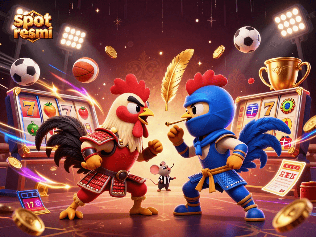 Engage in thrilling gameplay with slot resmi featuring dynamic cartoon roosters in an epic showdown.