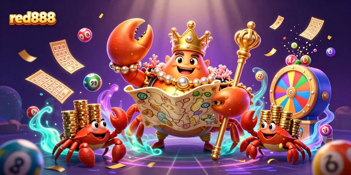 Engage with vibrant lottery games at red888, featuring a golden crab emperor and dynamic elements.