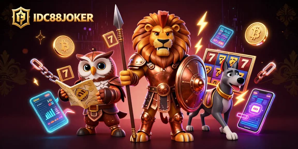 Engage in thrilling gameplay at IDC88JOKER as slot reels and lucky symbols surround dynamic characters.
