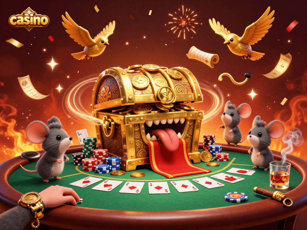 Engage in thrilling casino gameplay with vibrant poker elements and enticing treasure chests.