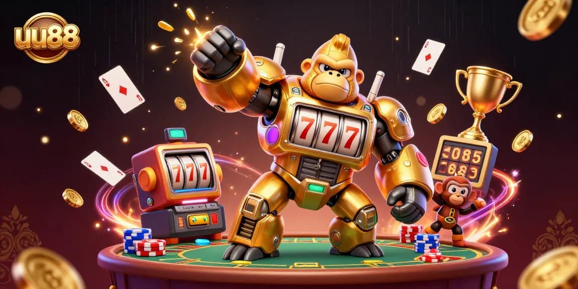 Engage with uu88 through an explosive scene of a golden gorilla mech in a dynamic casino setting.