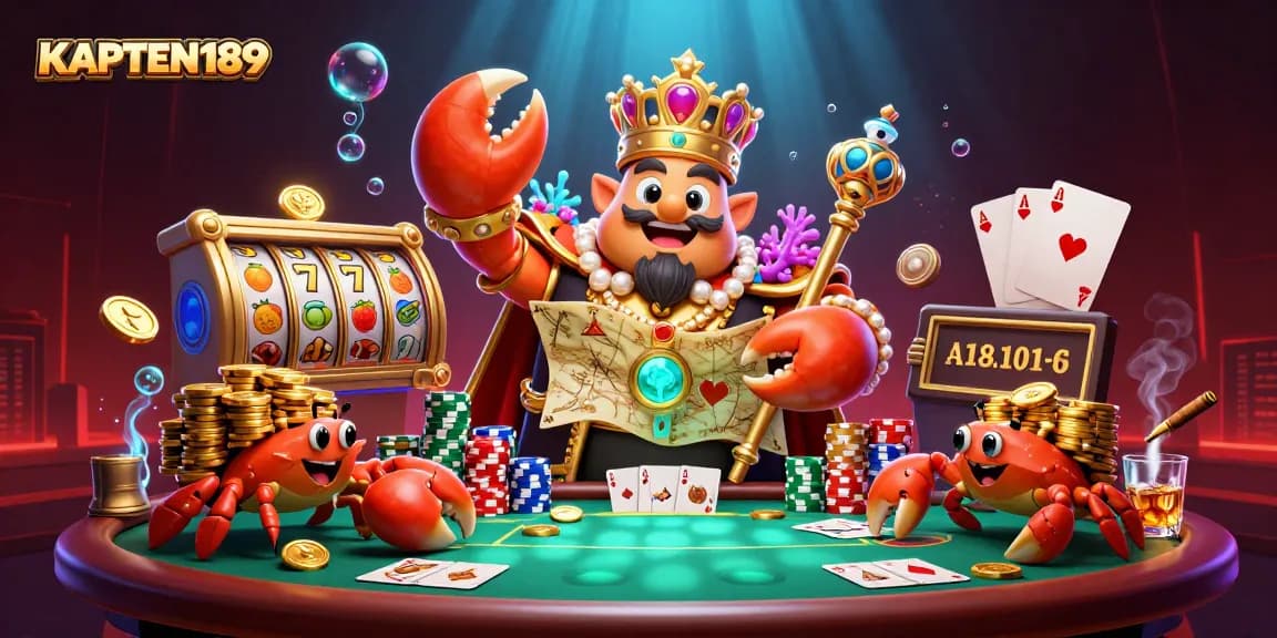 KAPTEN189 menampilkan ilustrasi kasino dengan kepiting kerajaan emas dan elemen permainan slot yang dinamis.