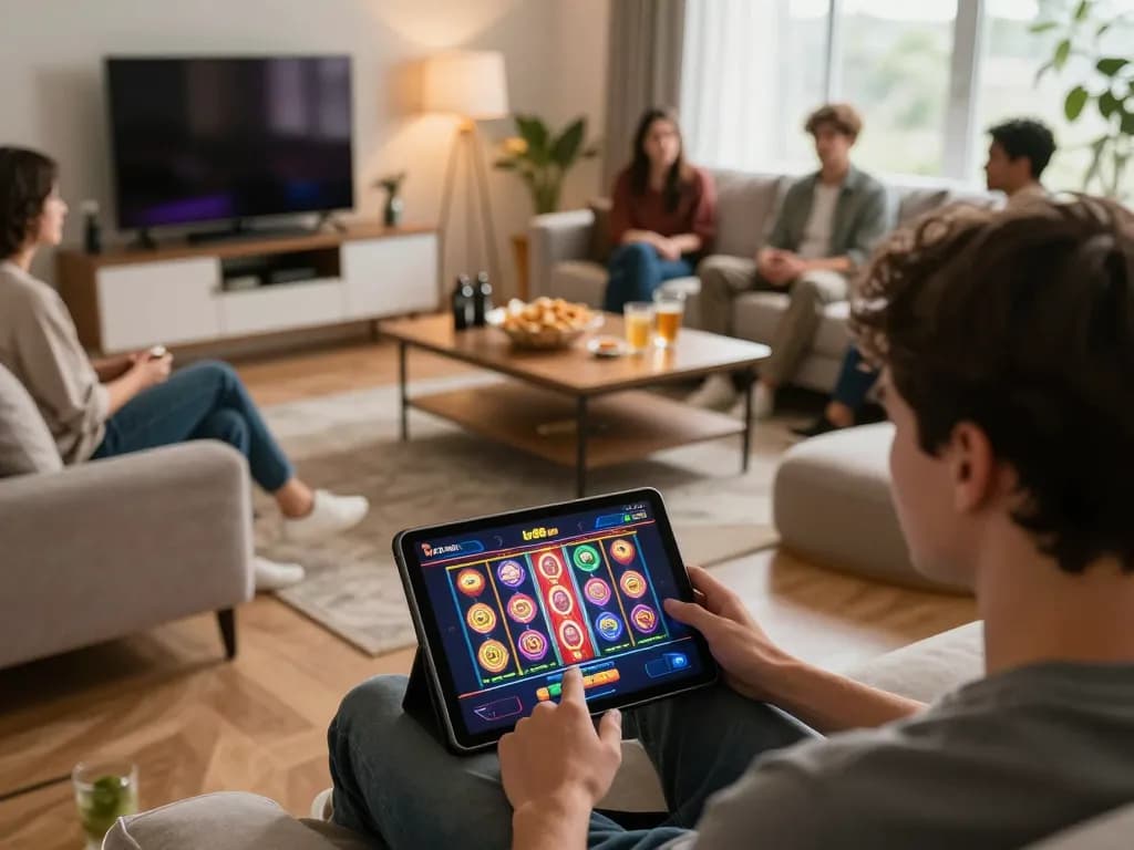 Playing casino games via lv88 apk on a tablet in a cozy home setting.