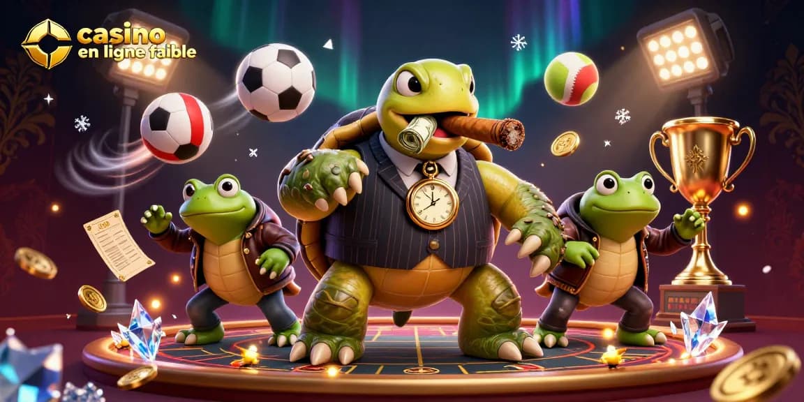 Jouer sur un casino en ligne fiable avec une tortue de dessin animé en costume de gangster et deux grenouilles gardes.