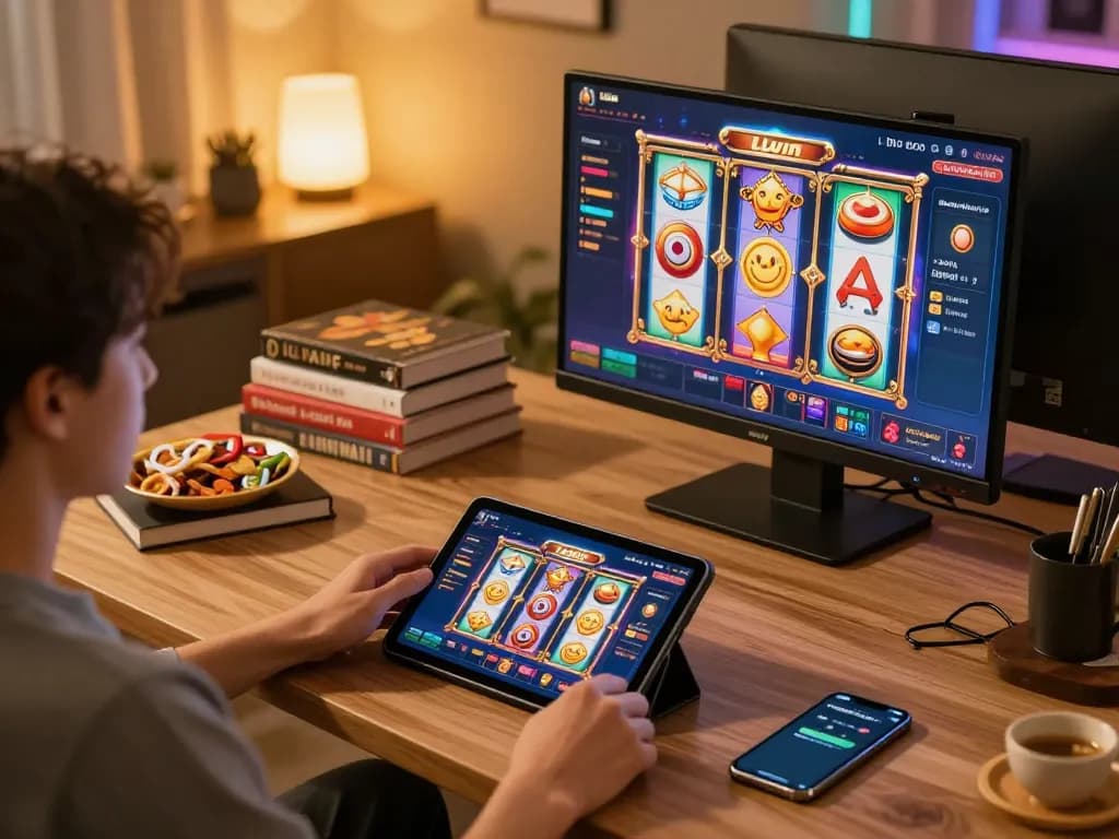 Person enjoying LLwin gaming on a tablet in a cozy home environment.