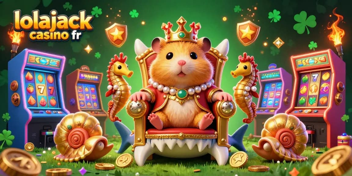 Play dynamic slot games at lolajack casino fr with a vibrant cartoon scene featuring golden hamster royalty and gaming machines.