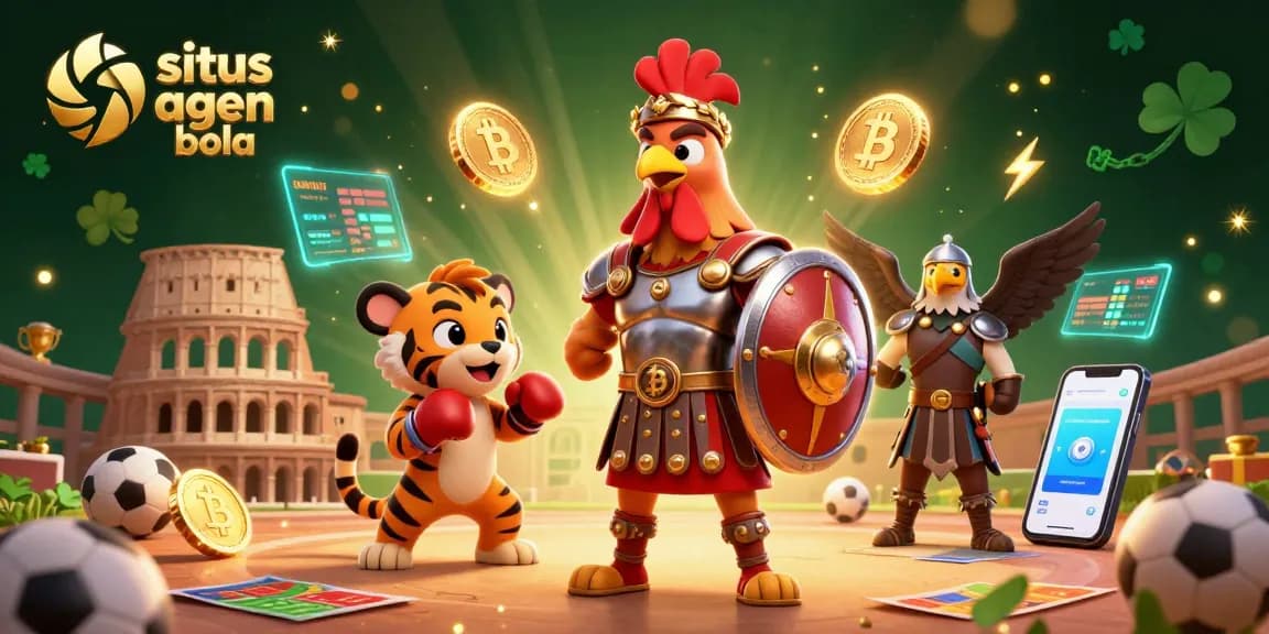 Engage in sports betting at situs agen bola with a dynamic illustration of a gladiator rooster and sports elements.
