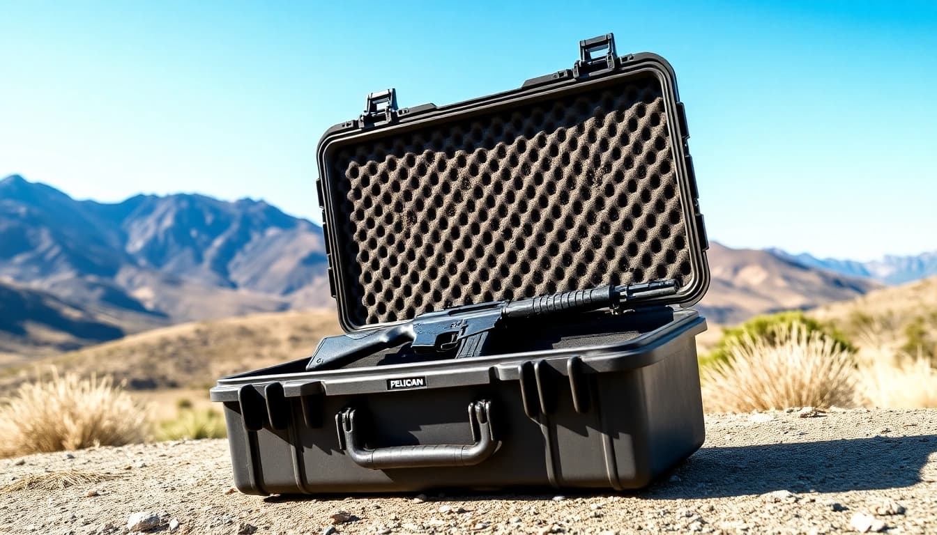 Explore a Pelican gun case for sale, showcasing durability and spacious interior in an outdoor setting.