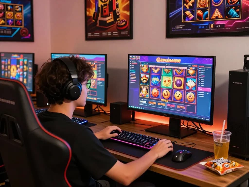 Player engaging with slot gacor game at a vibrant gaming setup