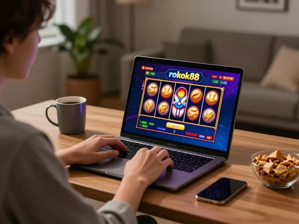 Engaging in rokok88 slot login at home, showcasing vibrant slot game on laptop and inviting atmosphere
