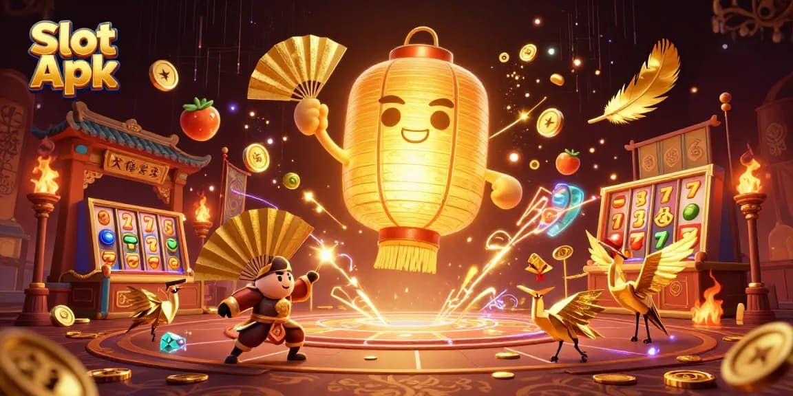 Experience excellent wins with Slot Apk in this vibrant 3D casino illustration featuring lively characters and game elements.
