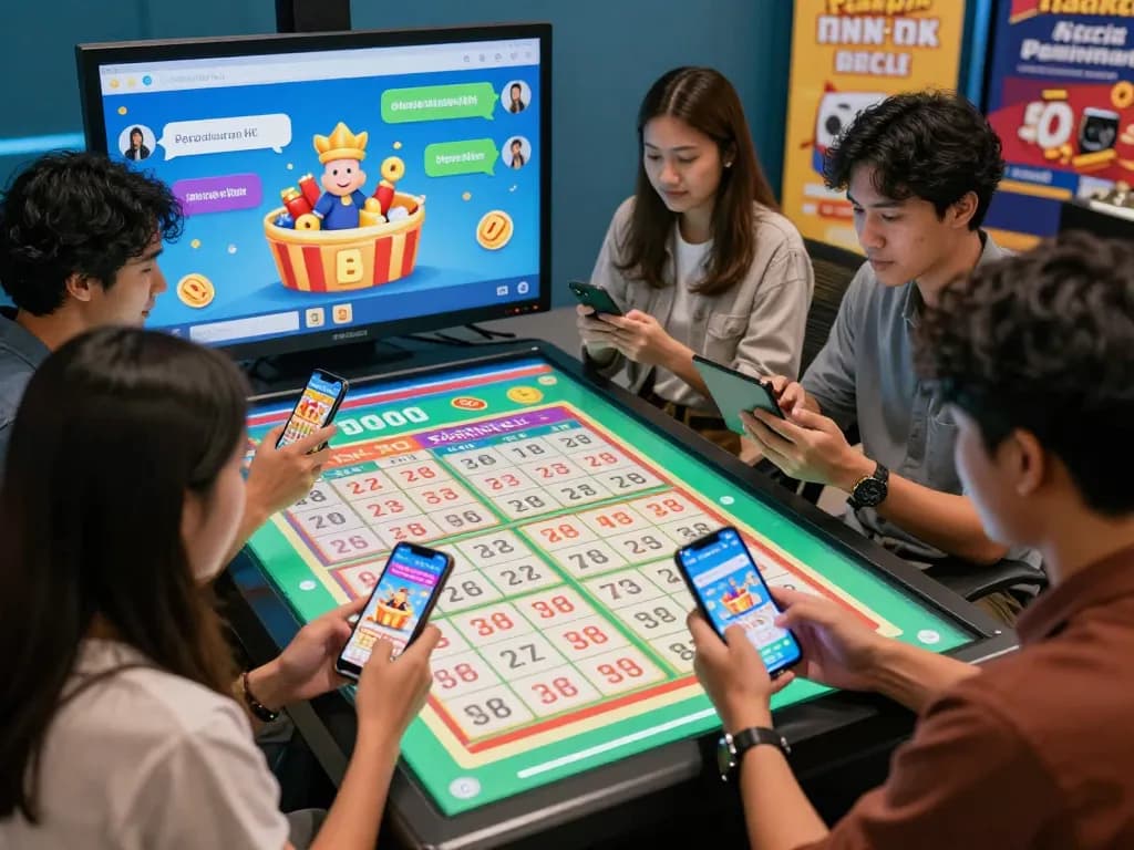 Players eagerly checking Pengeluaran HK lottery results on digital devices in a vibrant online gaming environment.