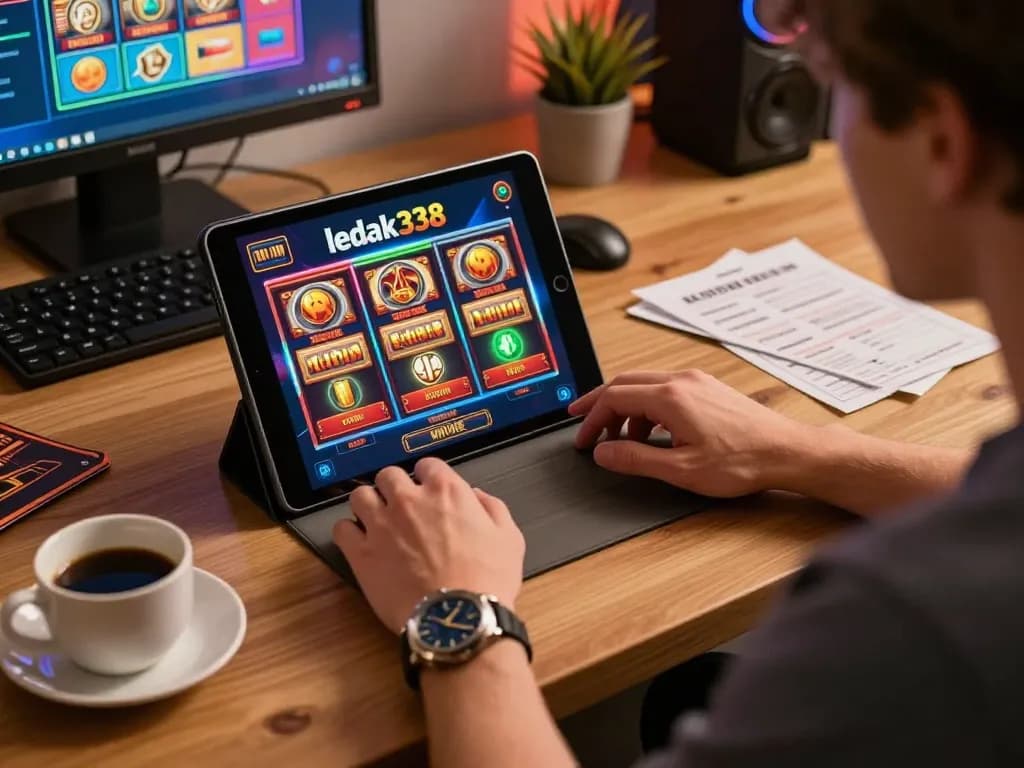 Player enjoying ledak338 slots on a tablet at home, surrounded by strategy notes and a coffee cup.
