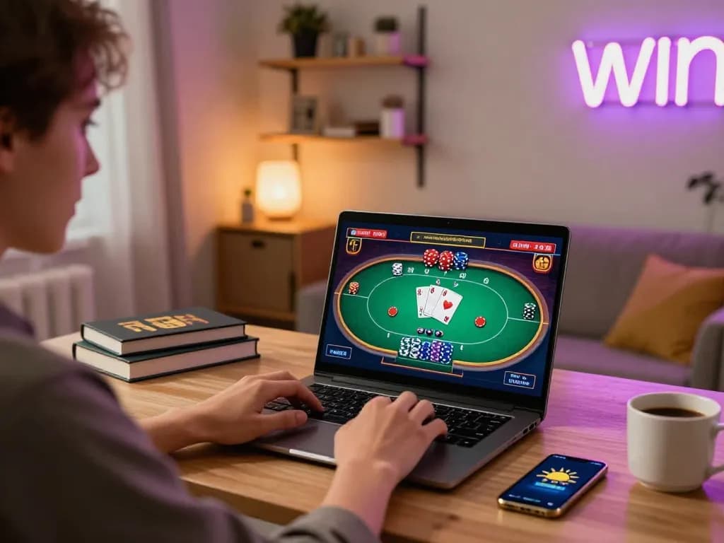 Engaged player using a laptop to access sun win online casino, displaying an exciting poker game on screen.