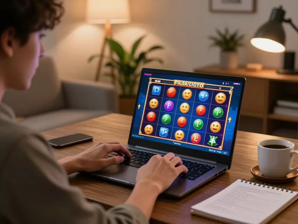 Engaging as a player spins the reels on pajaktoto slot within a cozy home gaming setup.