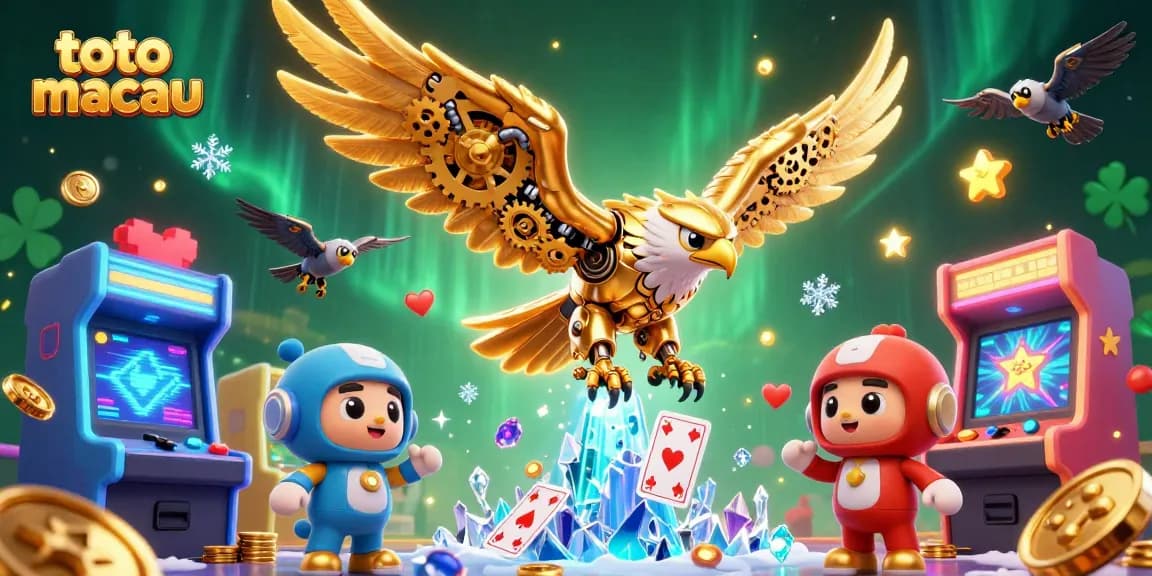 Temukan pengalaman bermain toto macau yang kaya warna dengan ilustrasi kasino berenergi dan elemen permainan 3D.