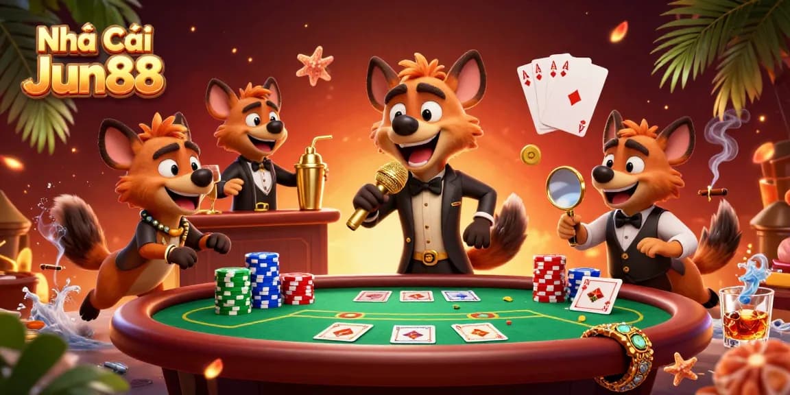 Join the fun at Nhà Cái Jun88 with lively hyenas in a vibrant casino scene featuring cards and chips.