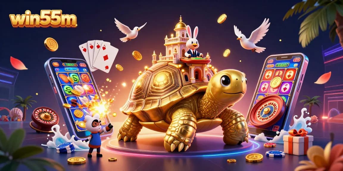 Win55m offers an exciting gambling experience with a vibrant 3D casino illustration, showcasing games and bonuses.