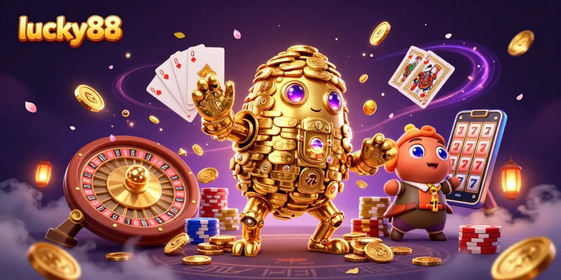 Experience winning spins with lucky88, a 3D scene of golden golems, roulette, and vibrant casino elements.