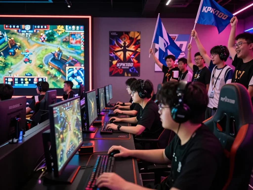 Gamers competing at KPK100 gaming tournament with intense focus and vibrant gaming technology.