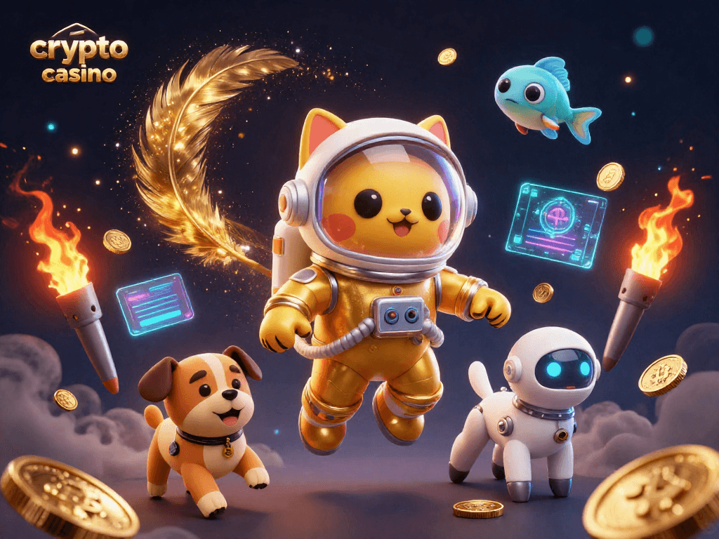 Engage with the vibrant crypto casino scene featuring coins and holographic displays.