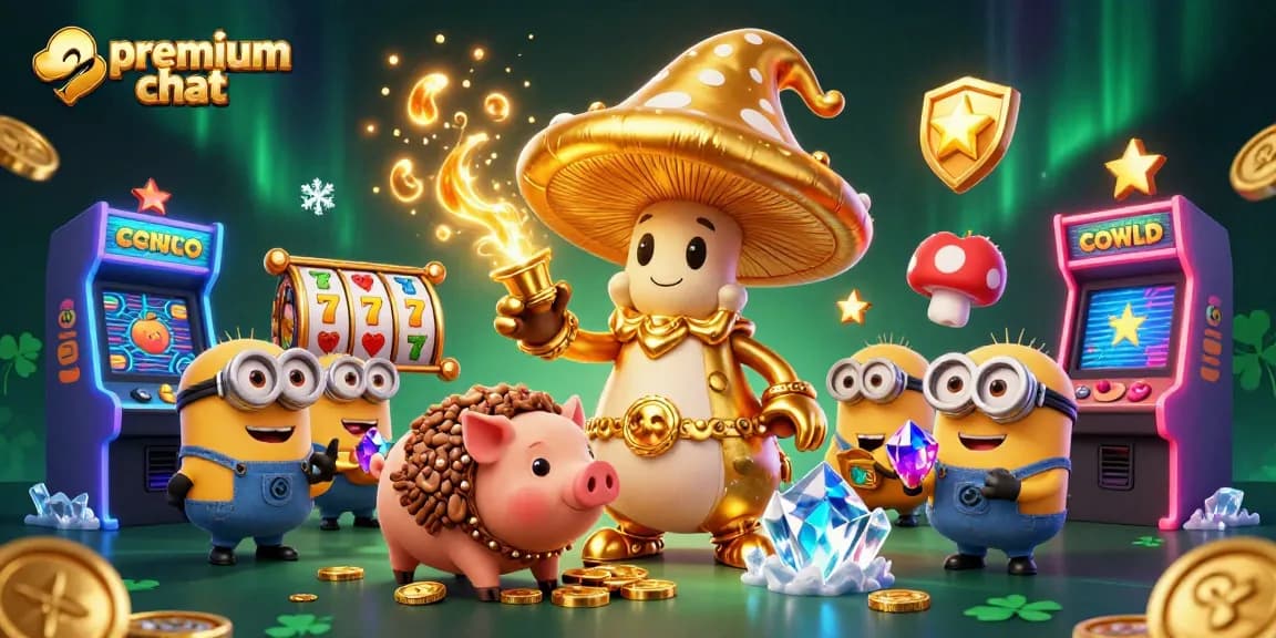 Engage in premium chat through a vibrant 3D scene featuring magical gaming elements and characters.