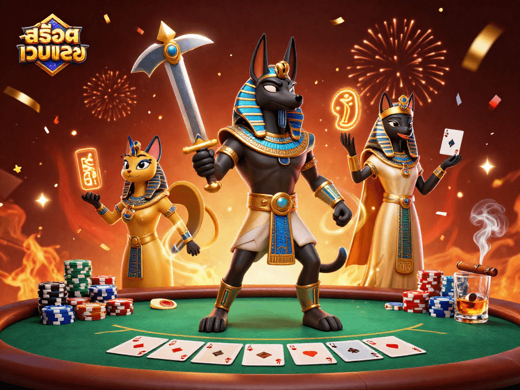 Stream exciting สล็อตเว็บตรง gaming action with a vibrant 3D casino scene featuring Anubis and Bastet.