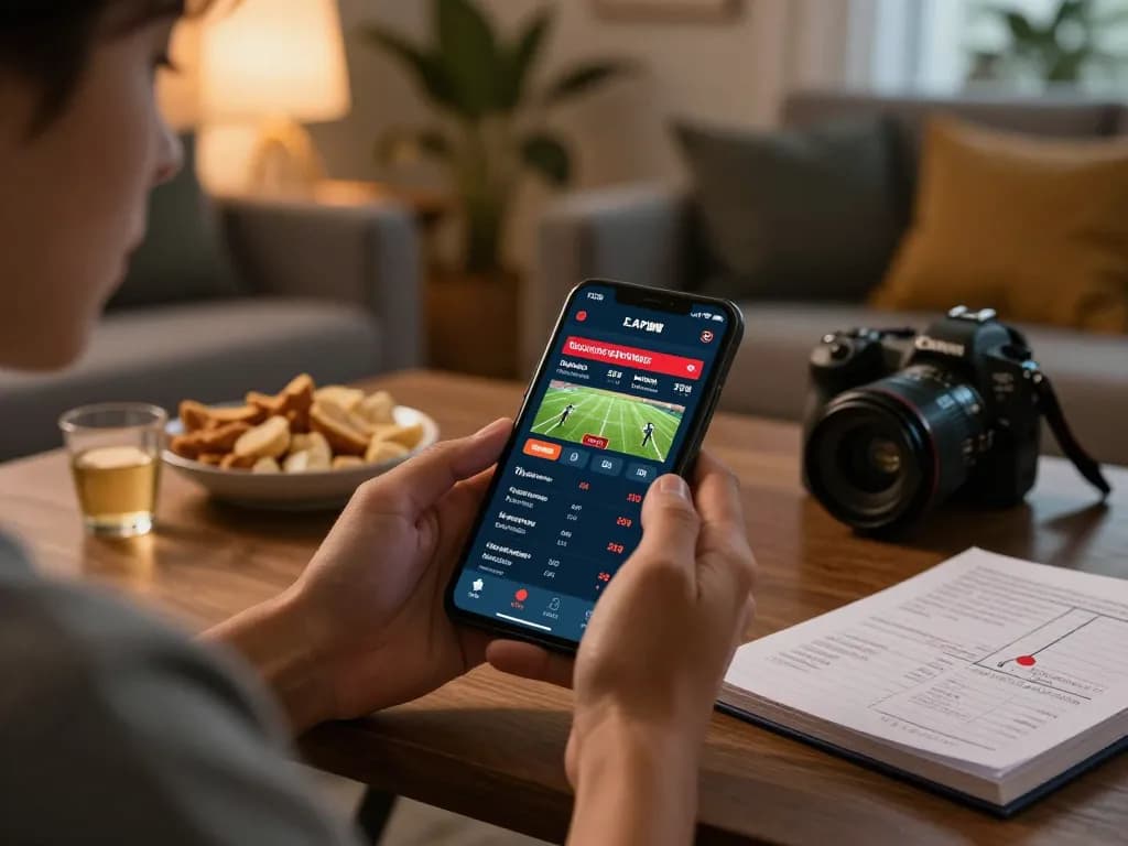 Betting on sports with f8betz app in a cozy home environment, promoting responsible gaming.