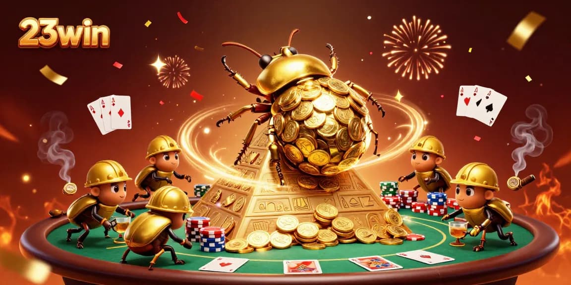 23win showcases a vibrant scene of beetles rolling gold coins in a casino with dynamic poker elements.
