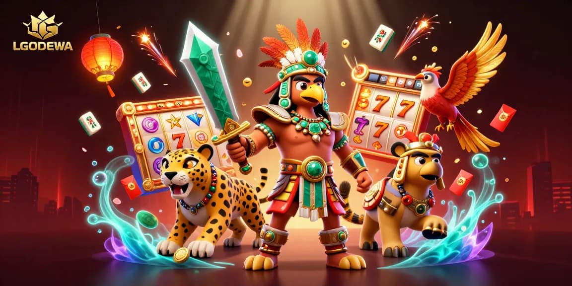 Spin pinball slots with LGODEWA amidst vibrant 3D Aztec warriors and illuminated game elements.
