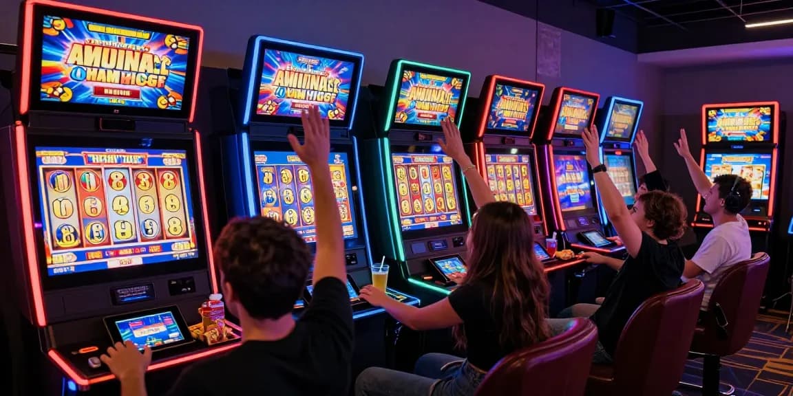 Excited players enjoying the slot modal 5k gaming experience in a vibrant online casino setting.