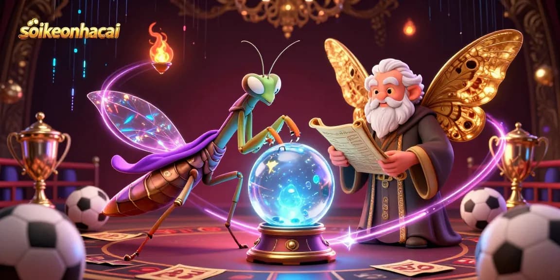 Engage with soikeonhacai through expert sports betting predictions, featuring vibrant 3D illustration of fortune teller and librarian.