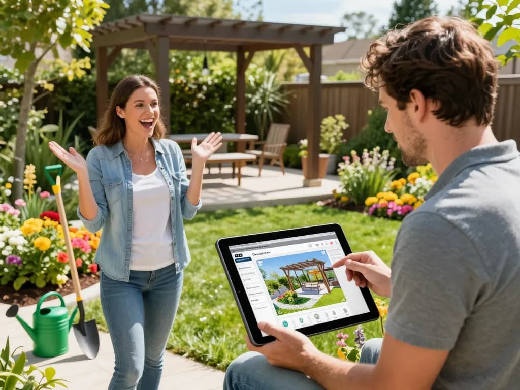 Professional using Pergola Configurator Software on tablet in vibrant garden.