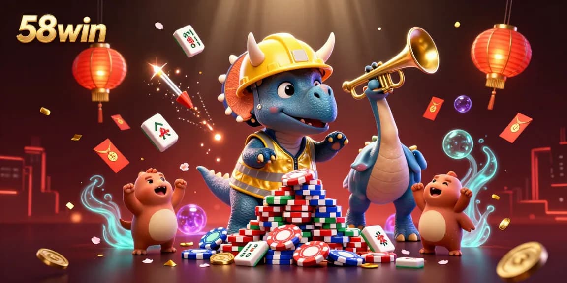 Engage with 58win's casino world featuring dynamic characters celebrating while building a poker chip pyramid.
