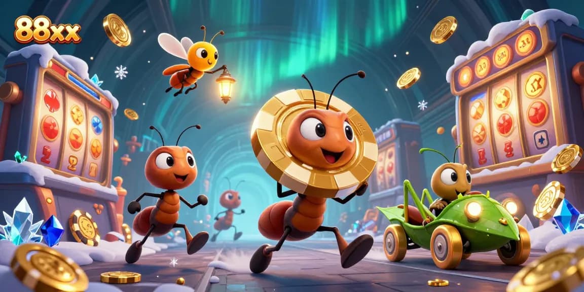 Experience the thrill of 88xx with cartoon ants heisting a giant poker chip in a dynamic casino scene.