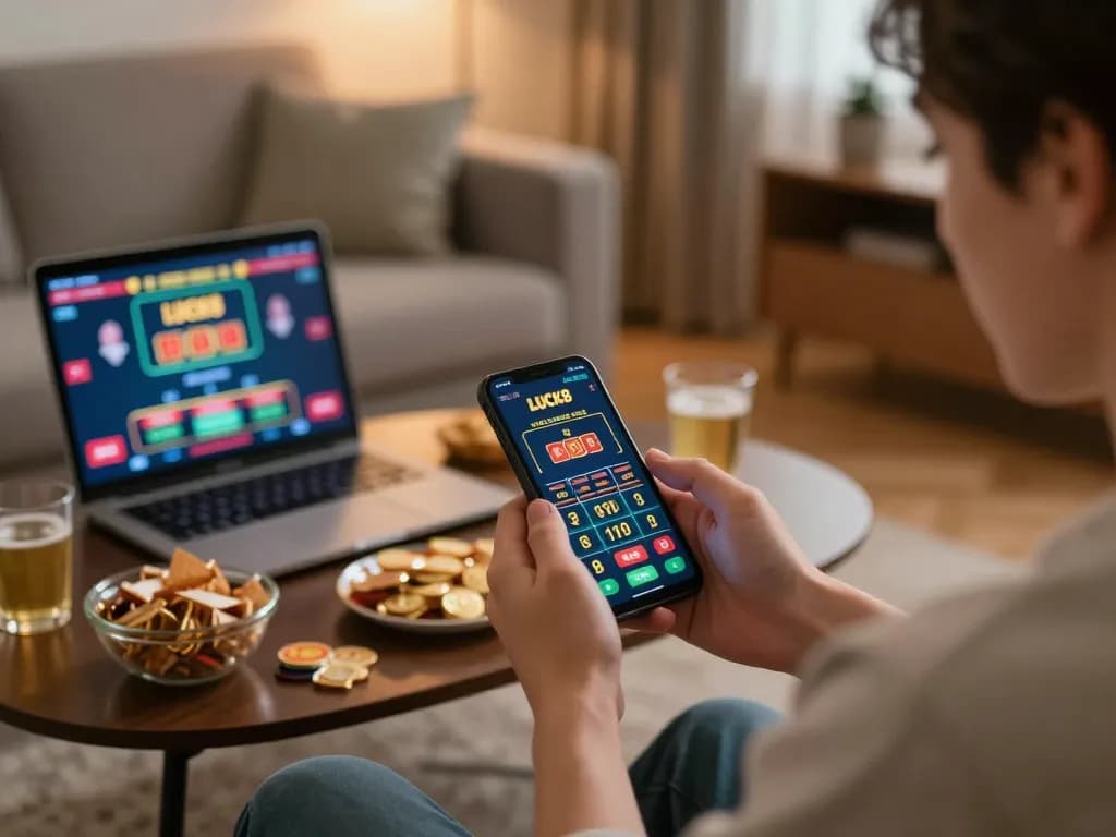 Engaging with the LUCK8 app for mobile gambling while enjoying a comfortable home environment.
