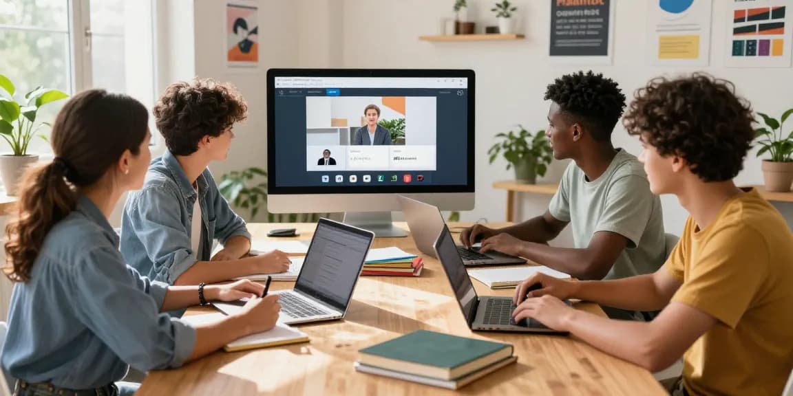 Learn more about online education in a lively study space with students collaborating and engaging in interactive learning.