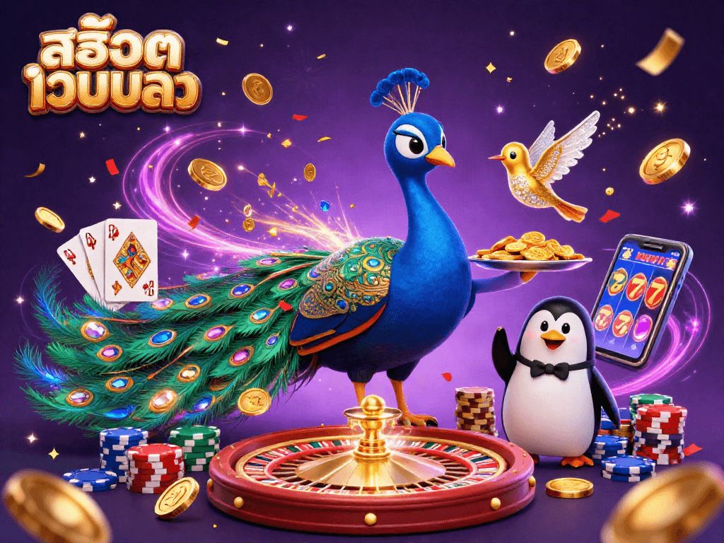 Engage with สล็อตเว็บตรง through a vibrant 3D illustration of playful casino characters celebrating wins.