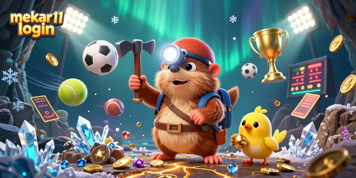 Experience the excitement of mekar11 login with vibrant casino elements and a treasure hunter in action.
