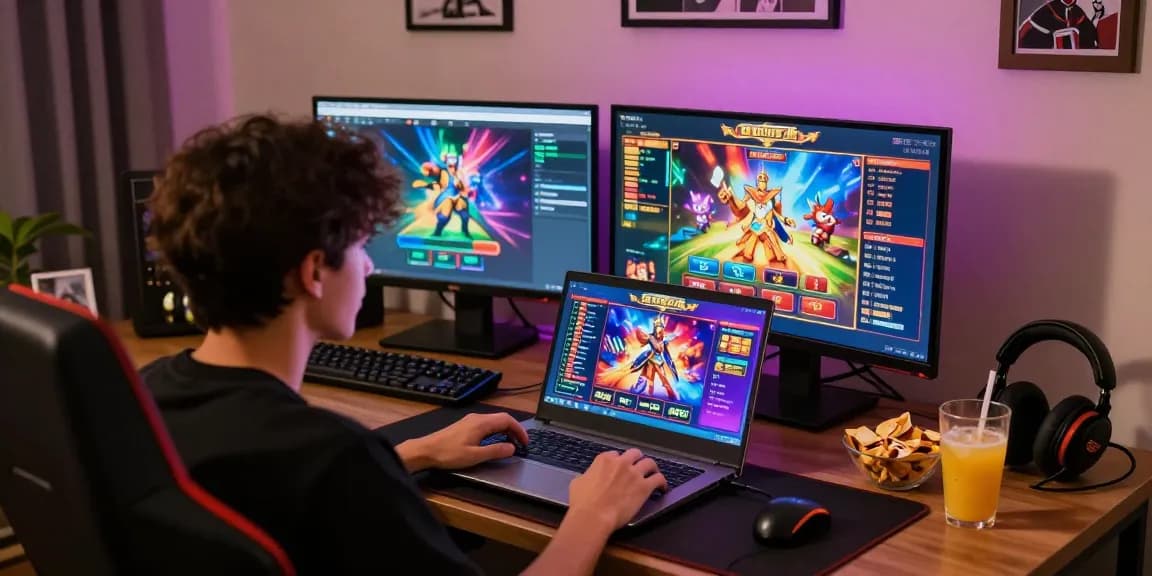 Player enjoying slot depo 5k gaming with vibrant visuals and snacks in a cozy home office