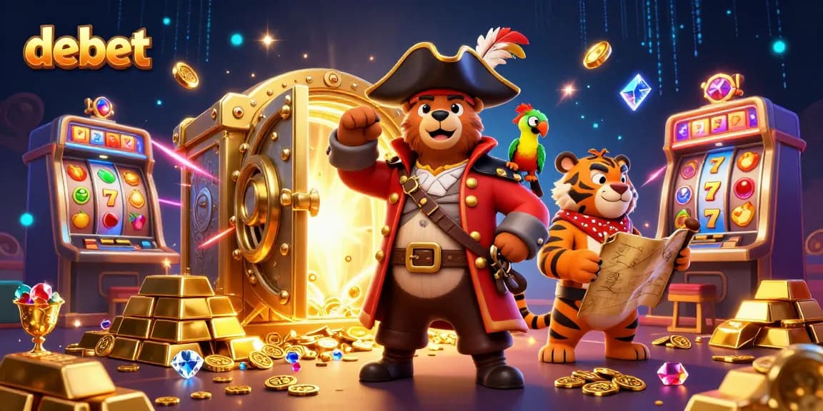Experience the thrilling debet casino adventure with a pirate bear and tiger in a treasure-filled scene.