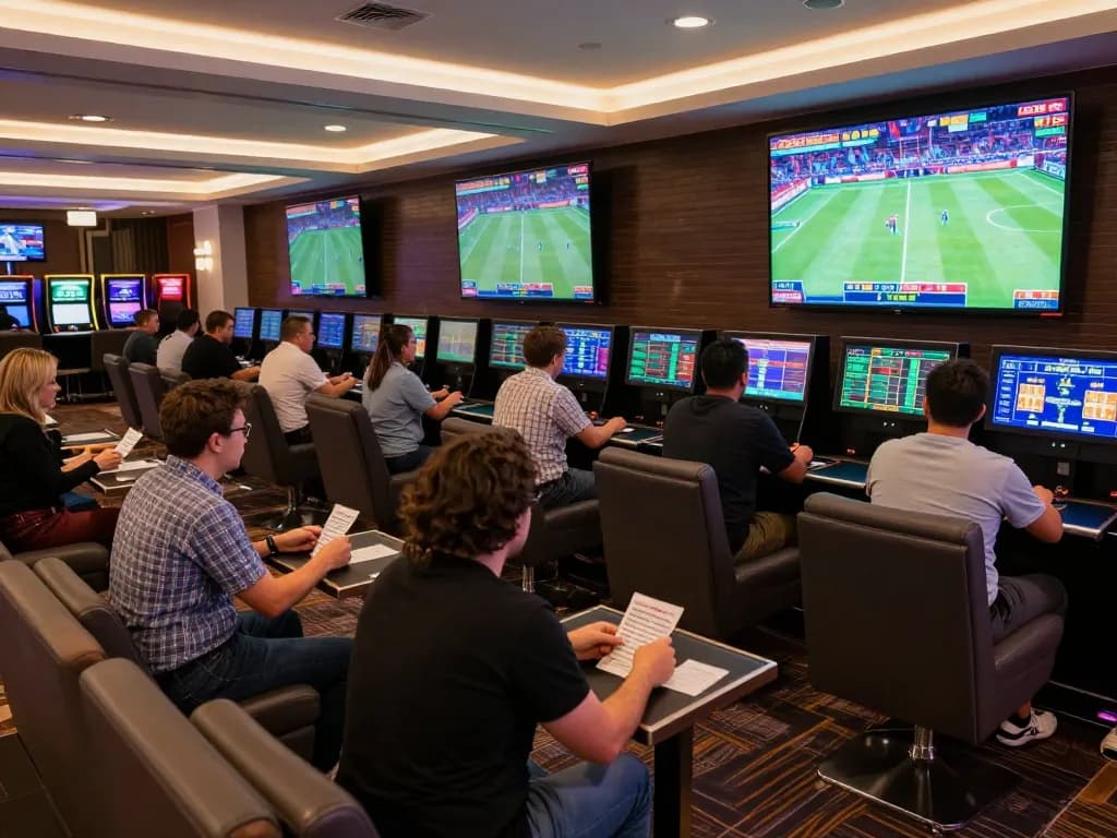 Action-packed sports betting scene at lu888 casino with excited patrons analyzing odds and placing bets.