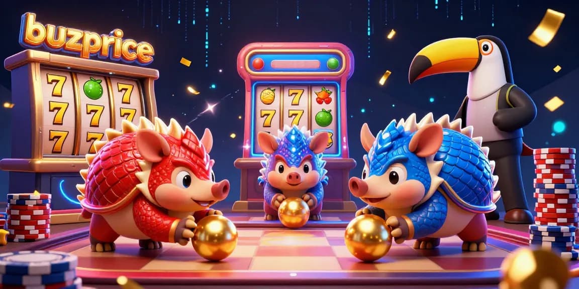 buzprice features animated pangolins competing in a dynamic slot game setting with vibrant elements.