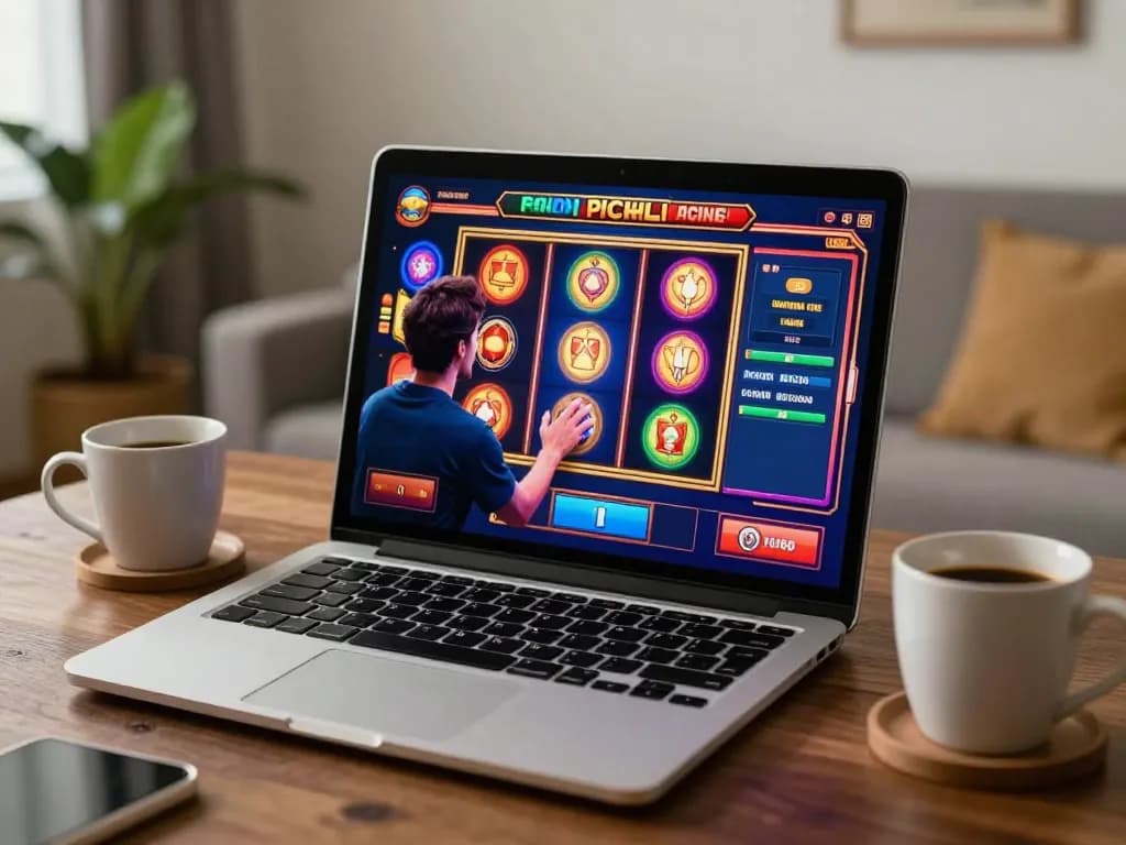 Player engaging with link 98win on a laptop screen surrounded by a cozy home atmosphere.