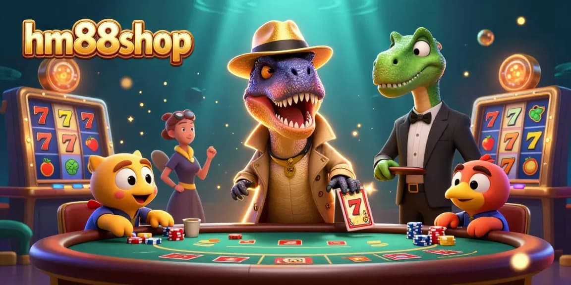 hm88shop showcases a vibrant casino scene with a velociraptor card counter and animated slot reels.