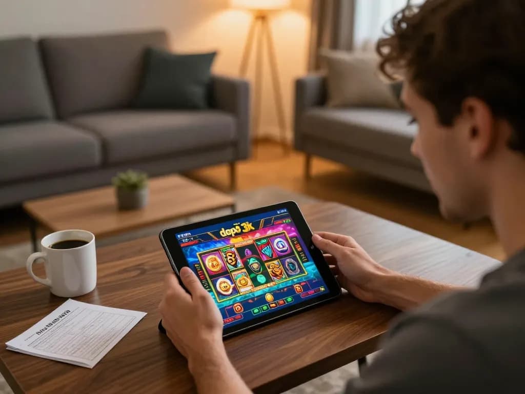 Engaging online casino gaming with slot depo 3k interface on tablet in cozy home setting.