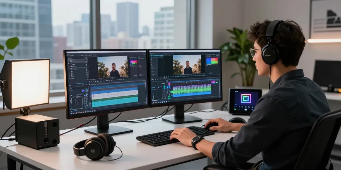 Creative professional generating an ai video prompt in a modern video editing studio.