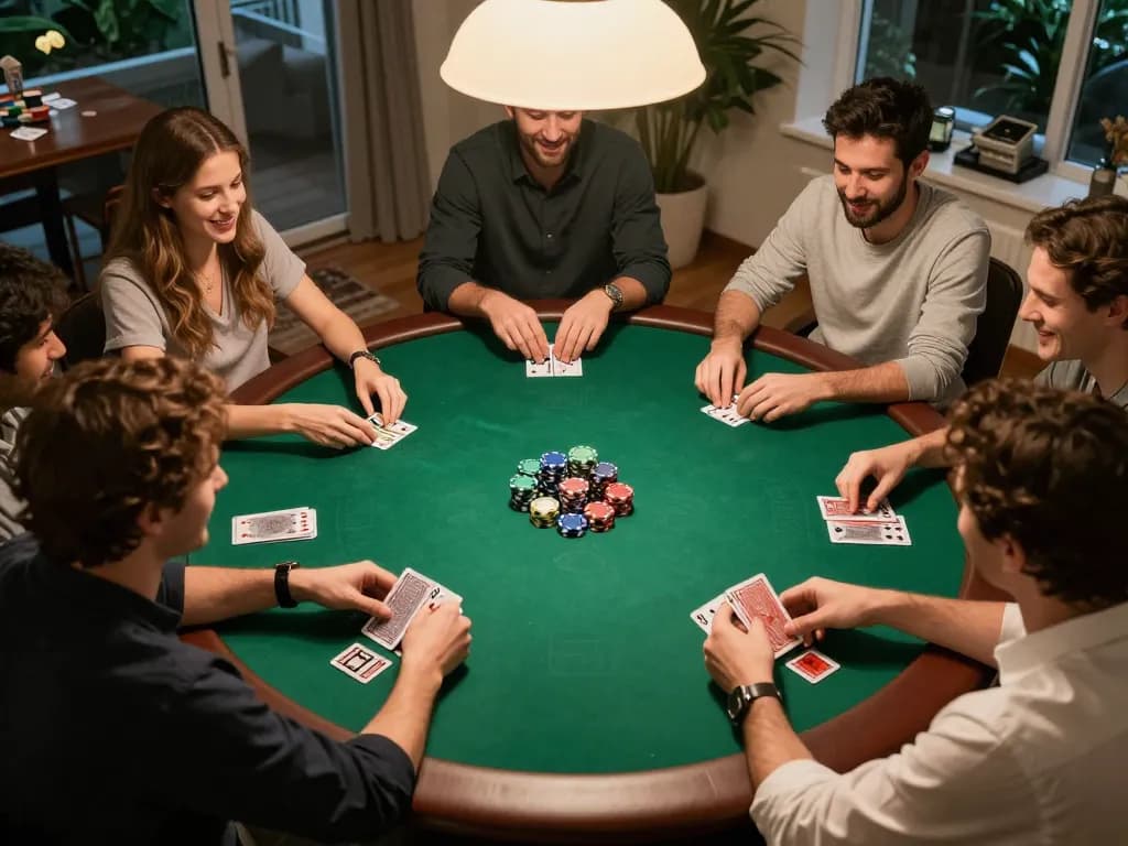Enjoying an engaging poker game at home, exploring sun win strategies with friends in a lively atmosphere.